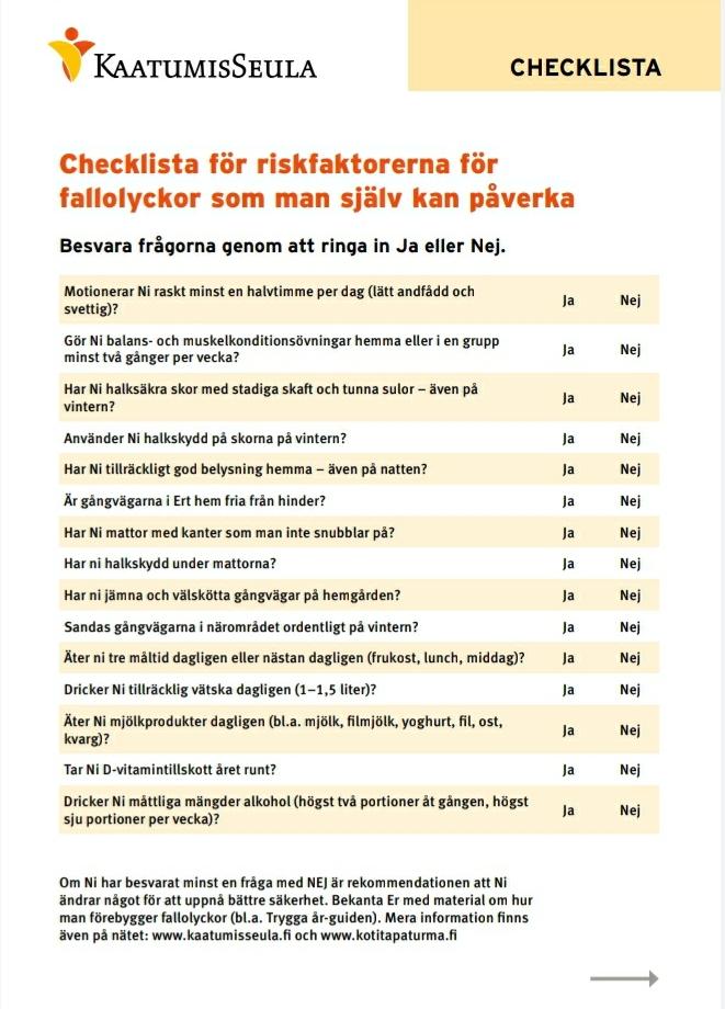 Checklista för riskfaktorerna för fallolyckor som man själv kan påverka, kuvituskuva.