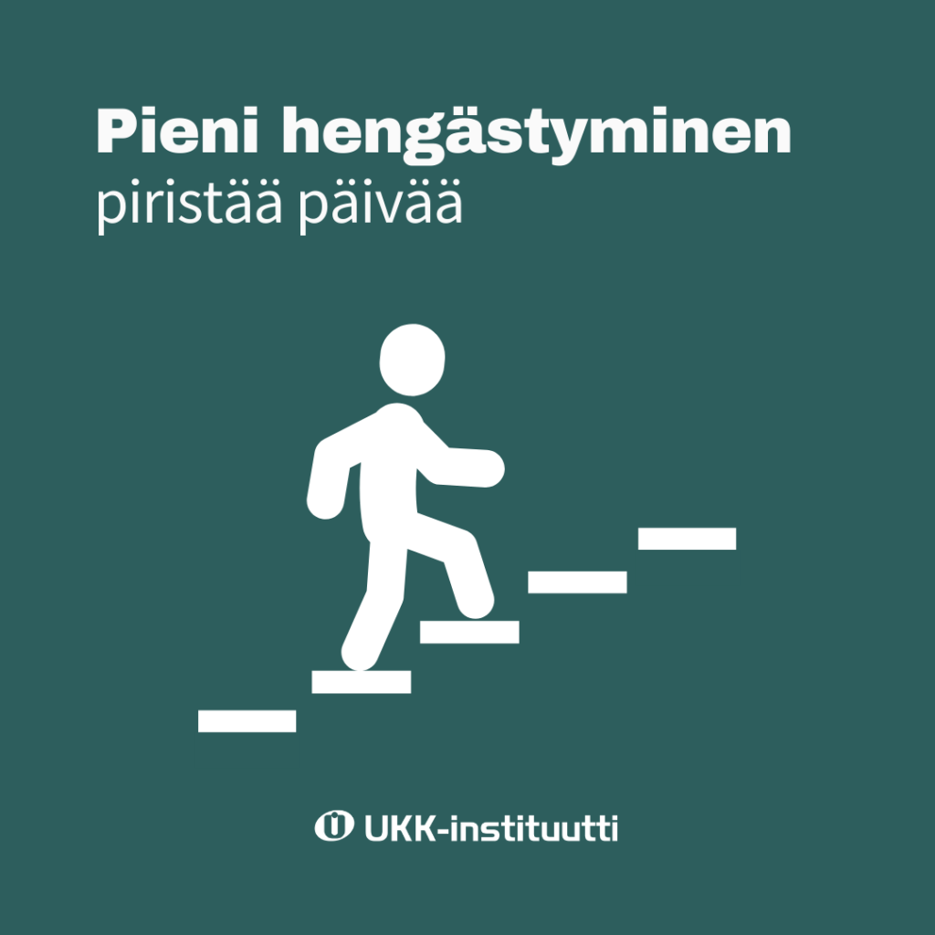 Tikku-ukko kipuaa portaita, tekstinä: Pieni hengästyminen piristää päivää.