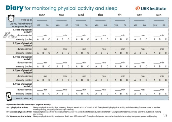 Diary for monitoring physical activity and sleep.
