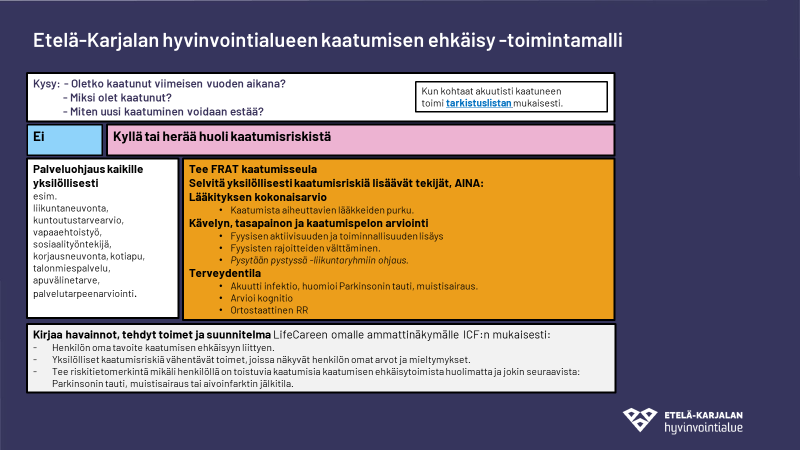 Etelä-Karjalan hyvinvointialueen kaatumisen ehkäisyn toimintamallin kaavio.