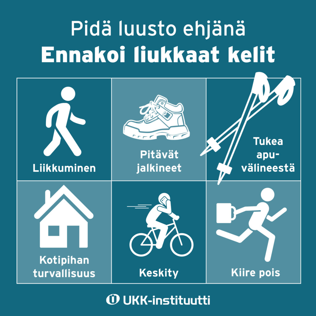 Kaatumisten ehkäisyn infograafi tekijöistä, joiden avulla voidaan ehkäistä liukastumisia talvella.