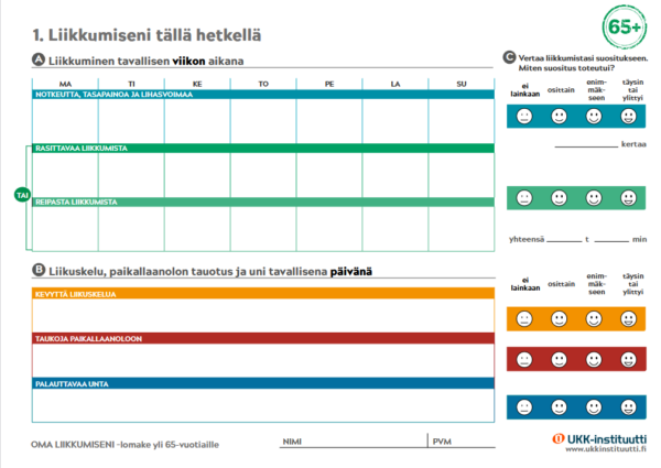 Oma liikkumiseni -lomake yli 65-vuotiaille liikkumisen nykytilan tarkasteluun.