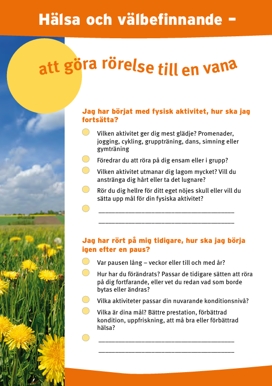 En bild på broschyren "Hälsa och välbefinnande - att göra rörelse till en vana".