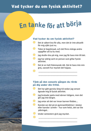 En bild på broschyren "Vad tycker du om fysisk aktivitet? - En tanke för att börja".