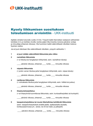 Tuotekuva kyselystä liikkumisen suosituksen toteutumisen arviointiin.