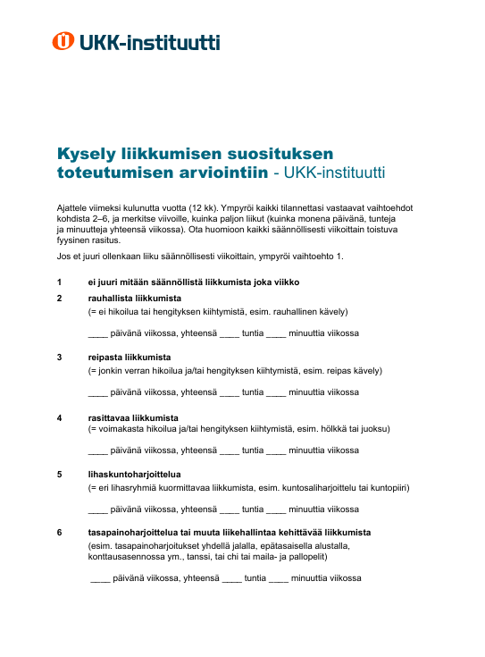 Tuotekuva kyselystä liikkumisen suosituksen toteutumisen arviointiin.