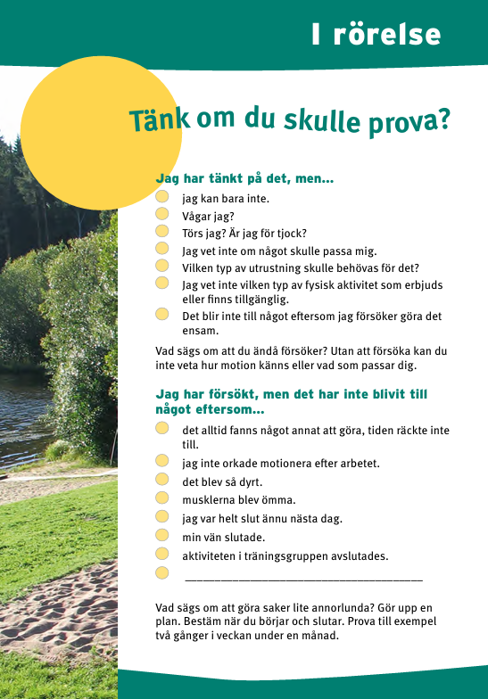 En bild på broschyren "I rörelse – Tänk om du skulle prova?".
