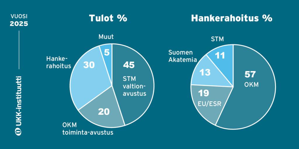 Vuoden 2025 vuosikertomukseen pohjautuva infograafi tulojen sekä hankerahoitusten osuuksista.