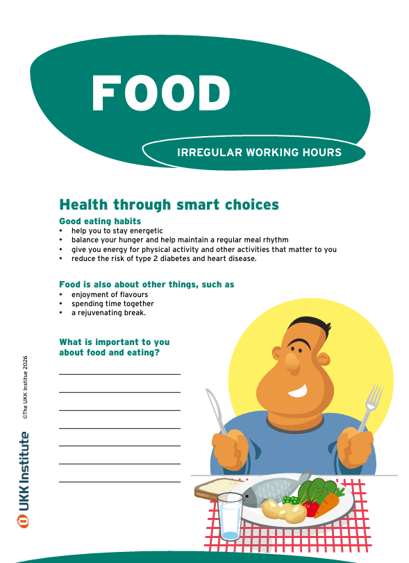 Englanninkielisen "Food and Irregular Working Hours" -esitteen tuotekuva.