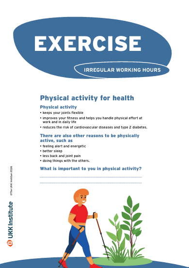 Englanninkielisen "Exercise and Irregular Working Hours" -esitteen tuotekuva.