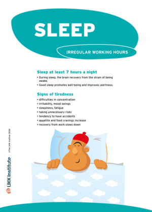 Englanninkielisen "Sleep and Irregular Working Hours" -esitteen tuotekuva.